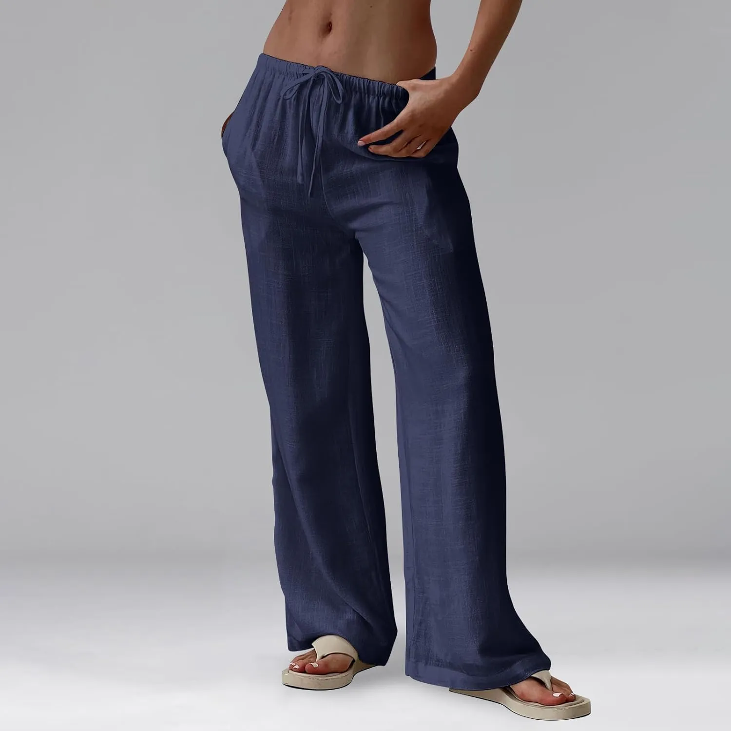 Women Wide Leg Pants Flowy Linen Pants Drawstring High Waisted Summer Baggy Trouser Pant with Pockets (S-2Xl)