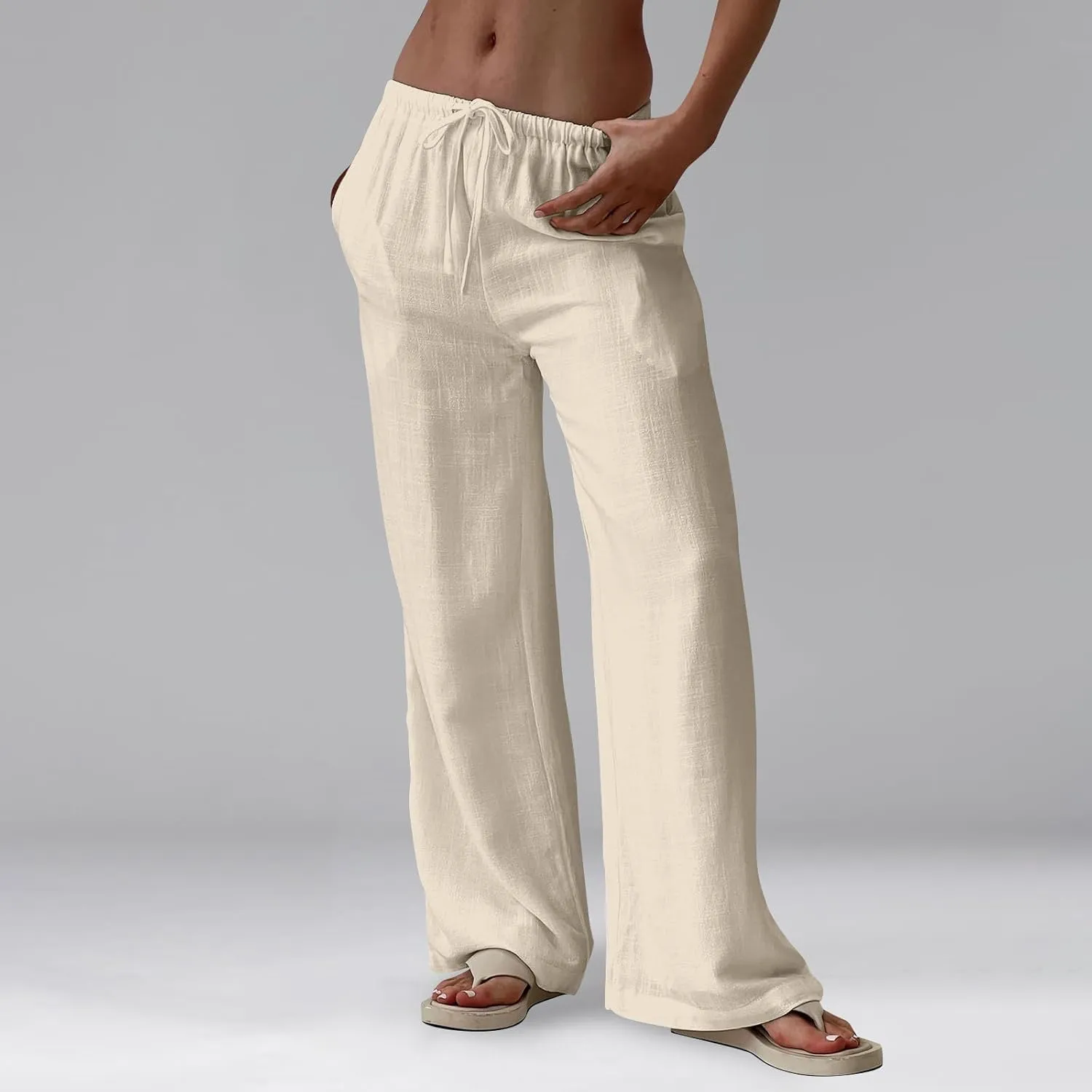 Women Wide Leg Pants Flowy Linen Pants Drawstring High Waisted Summer Baggy Trouser Pant with Pockets (S-2Xl)
