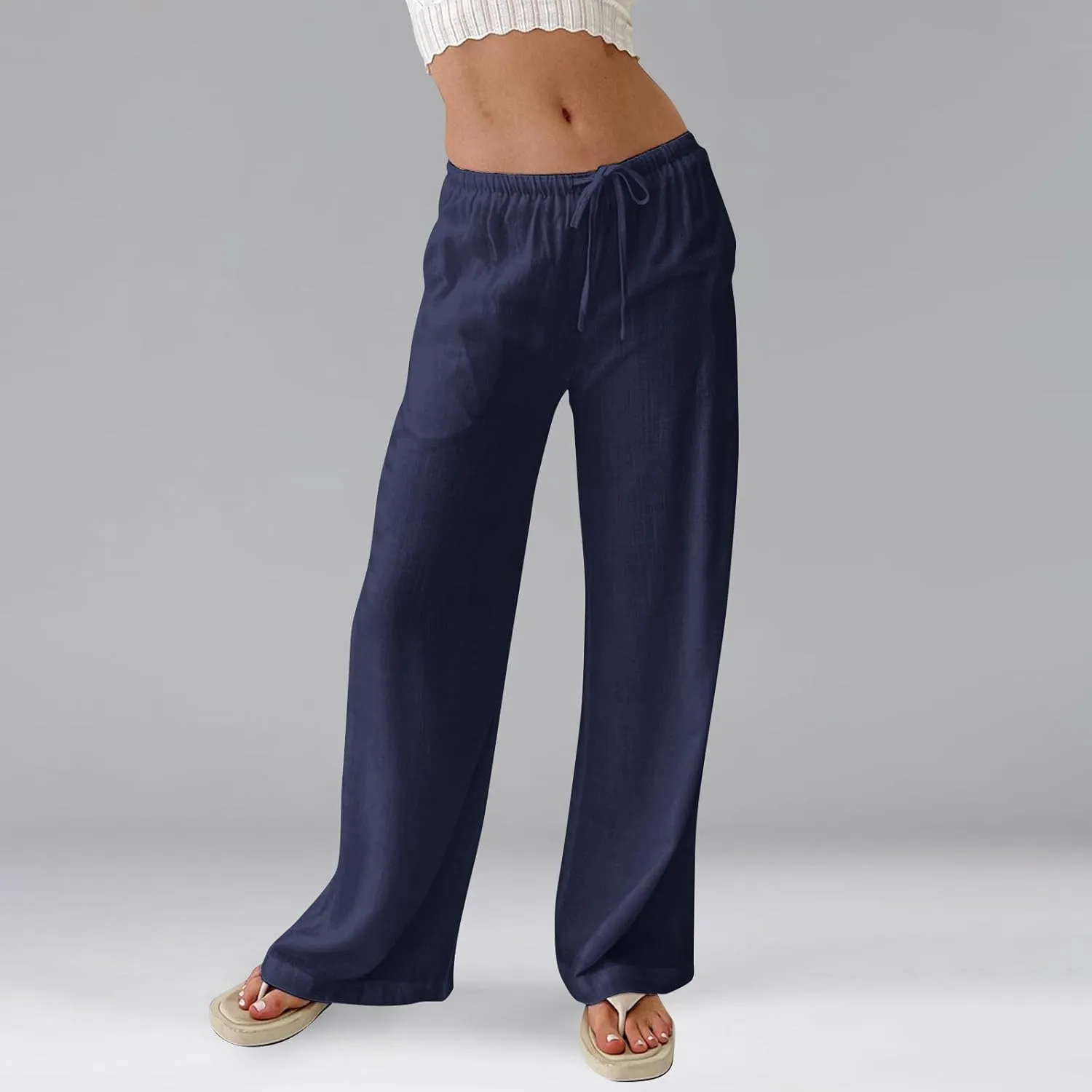 Women Wide Leg Pants Flowy Linen Pants Drawstring High Waisted Summer Baggy Trouser Pant with Pockets (S-2Xl)