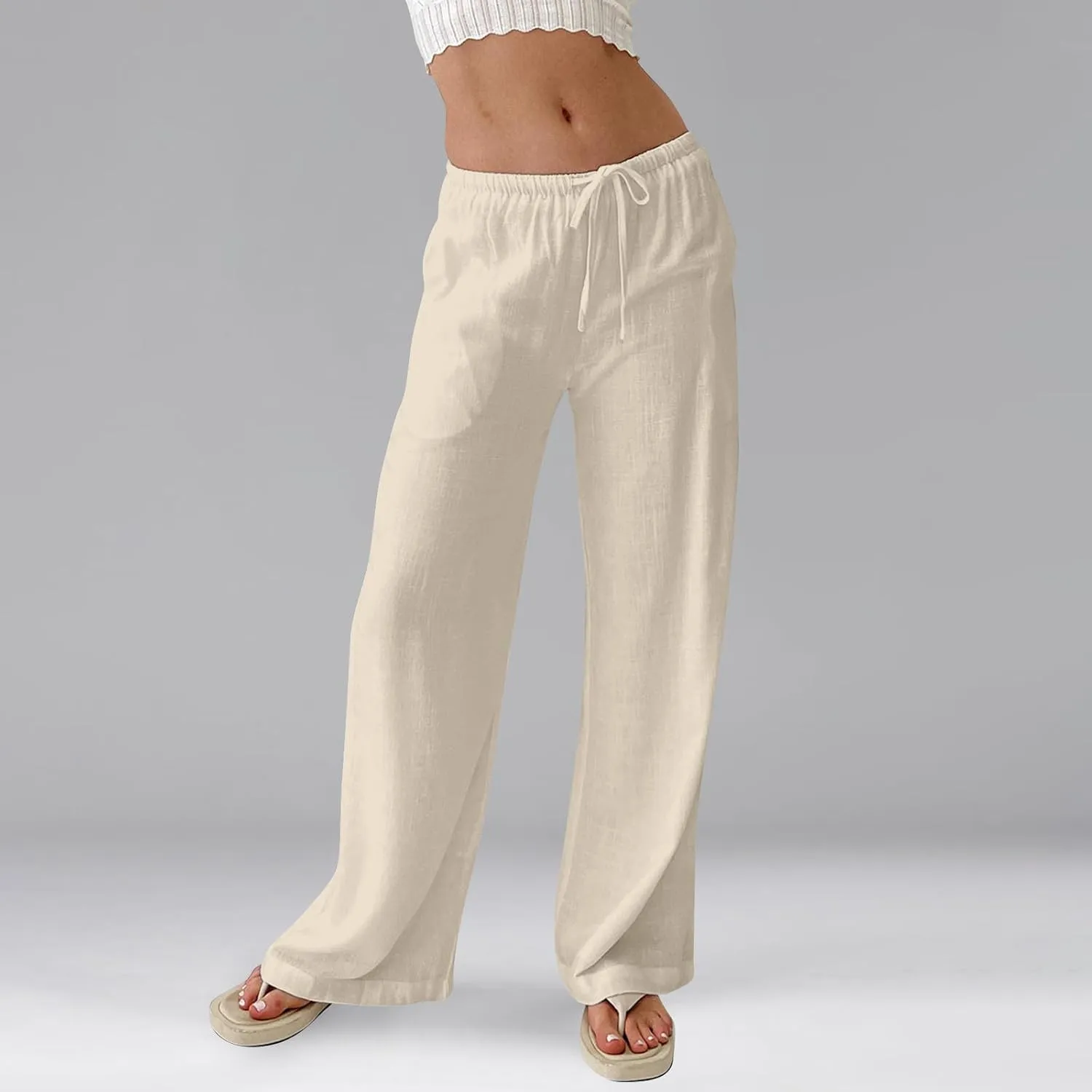 Women Wide Leg Pants Flowy Linen Pants Drawstring High Waisted Summer Baggy Trouser Pant with Pockets (S-2Xl)
