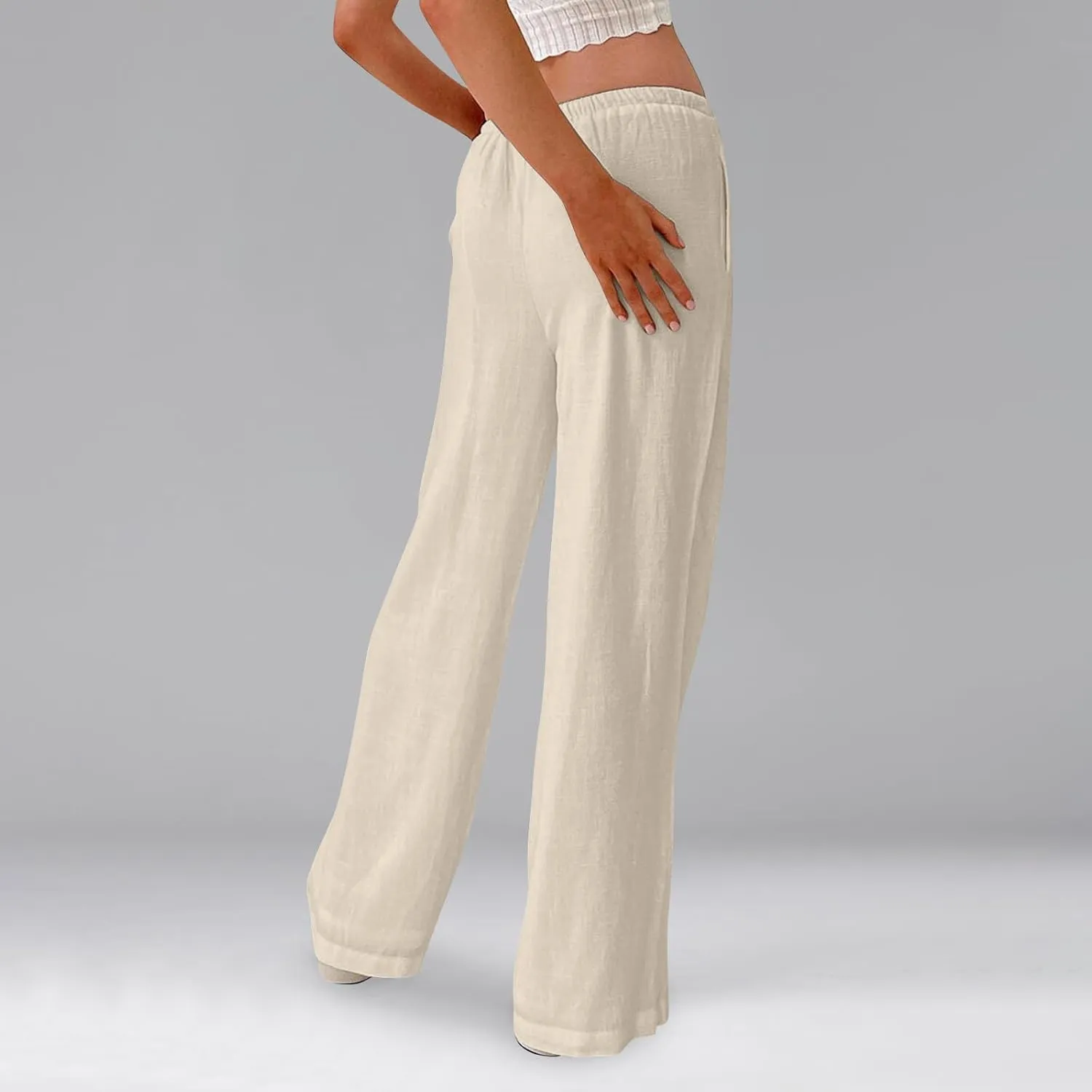 Women Wide Leg Pants Flowy Linen Pants Drawstring High Waisted Summer Baggy Trouser Pant with Pockets (S-2Xl)
