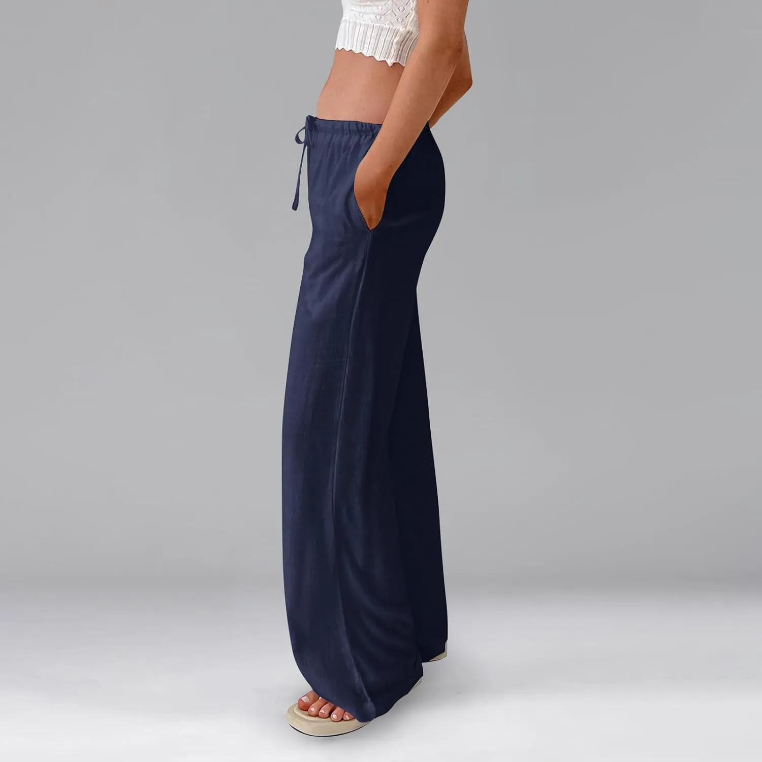 Women Wide Leg Pants Flowy Linen Pants Drawstring High Waisted Summer Baggy Trouser Pant with Pockets (S-2Xl)