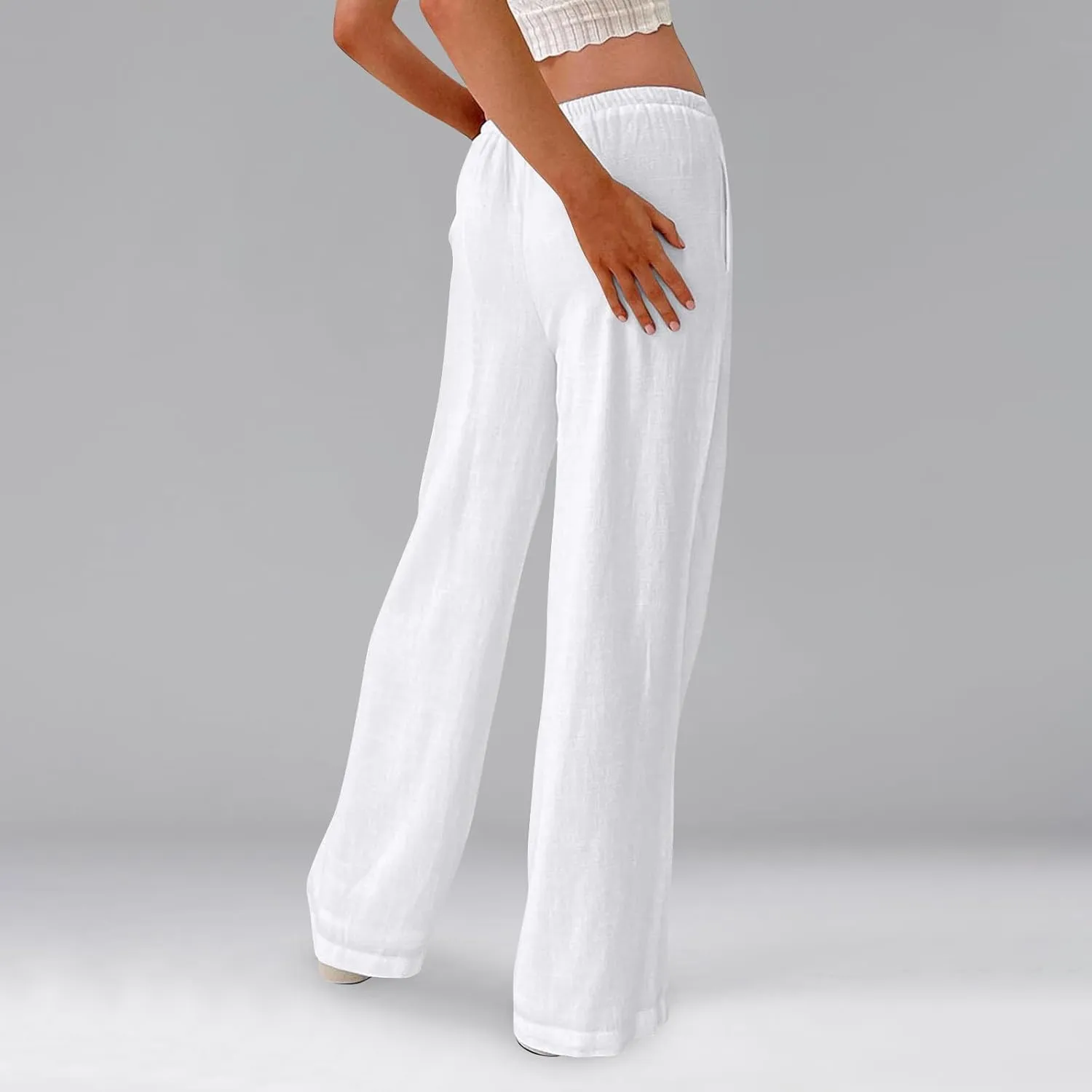 Women Wide Leg Pants Flowy Linen Pants Drawstring High Waisted Summer Baggy Trouser Pant with Pockets (S-2Xl)
