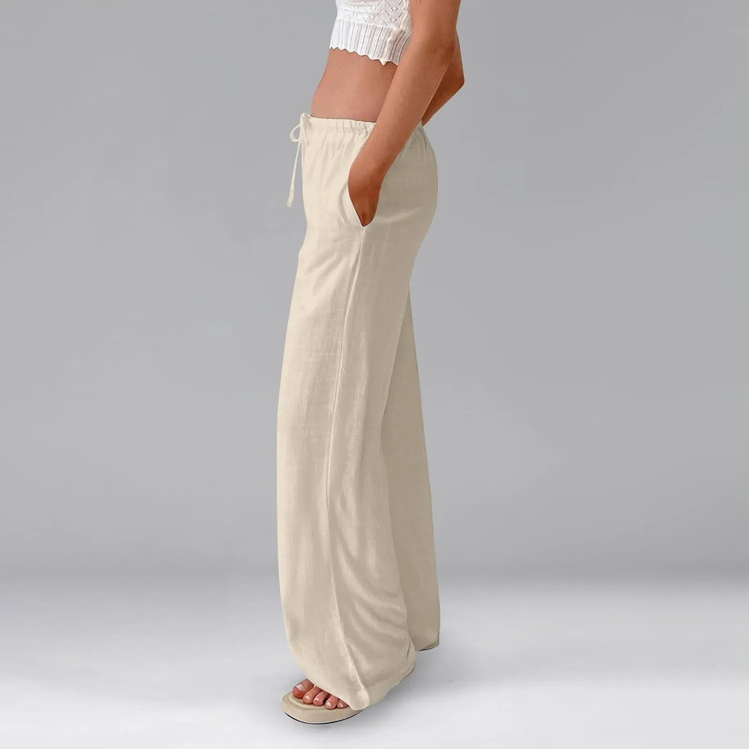 Women Wide Leg Pants Flowy Linen Pants Drawstring High Waisted Summer Baggy Trouser Pant with Pockets (S-2Xl)