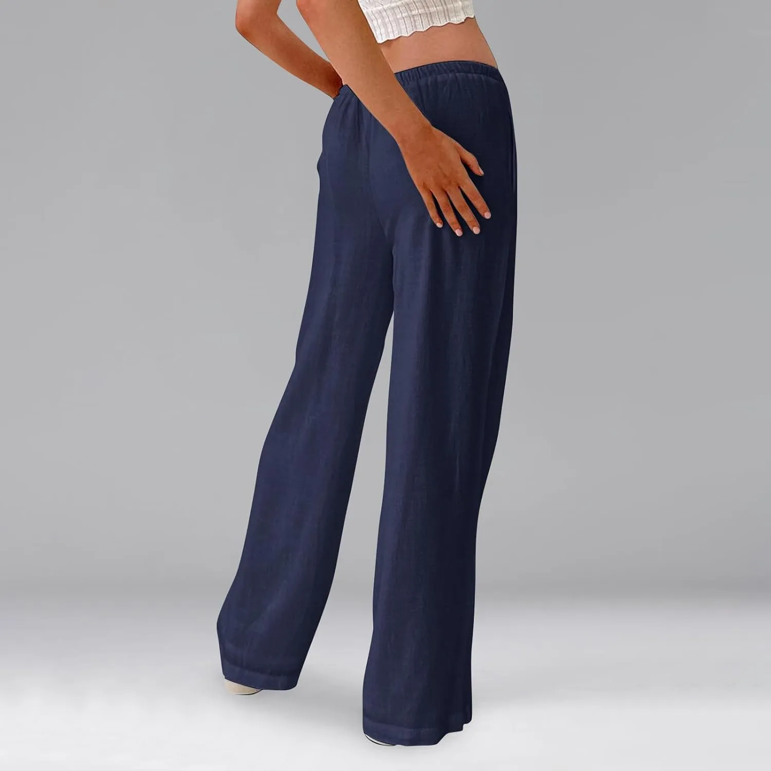 Women Wide Leg Pants Flowy Linen Pants Drawstring High Waisted Summer Baggy Trouser Pant with Pockets (S-2Xl)