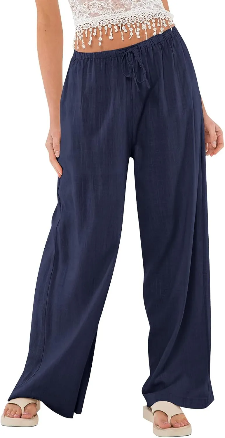 Women Wide Leg Pants Flowy Linen Pants Drawstring High Waisted Summer Baggy Trouser Pant with Pockets (S-2Xl)