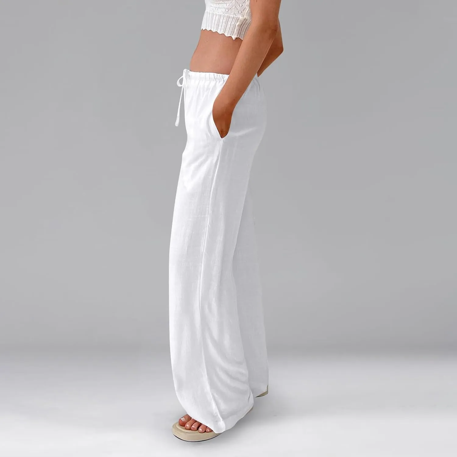 Women Wide Leg Pants Flowy Linen Pants Drawstring High Waisted Summer Baggy Trouser Pant with Pockets (S-2Xl)