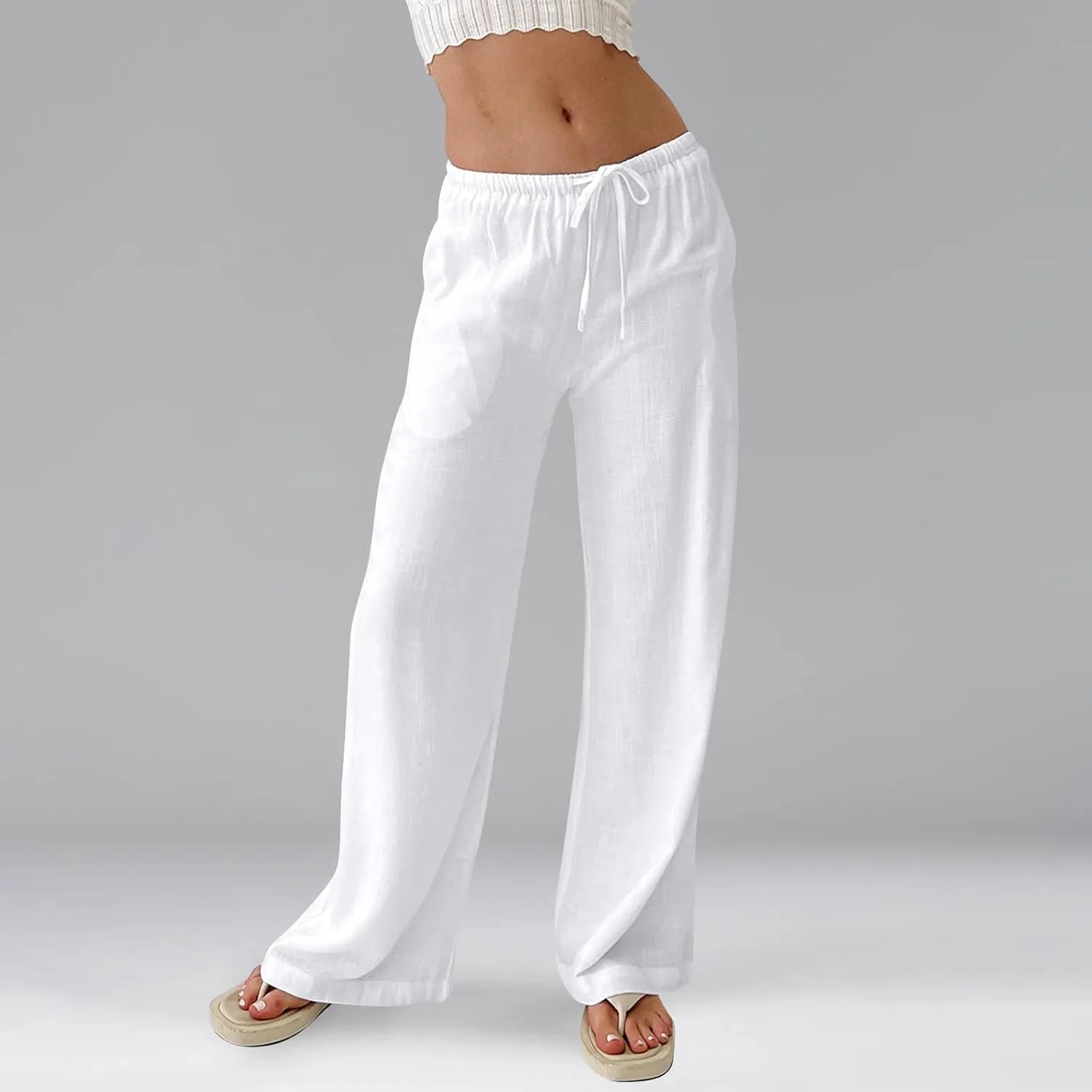 Women Wide Leg Pants Flowy Linen Pants Drawstring High Waisted Summer Baggy Trouser Pant with Pockets (S-2Xl)