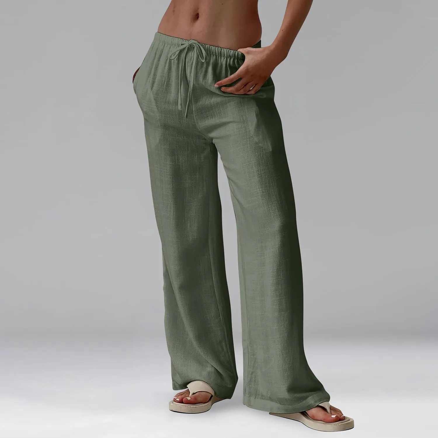 Women Wide Leg Pants Linen Pants Drawstring High Waisted Summer Boho Pant Workout Trouser Pant with Pockets (S-2Xl)