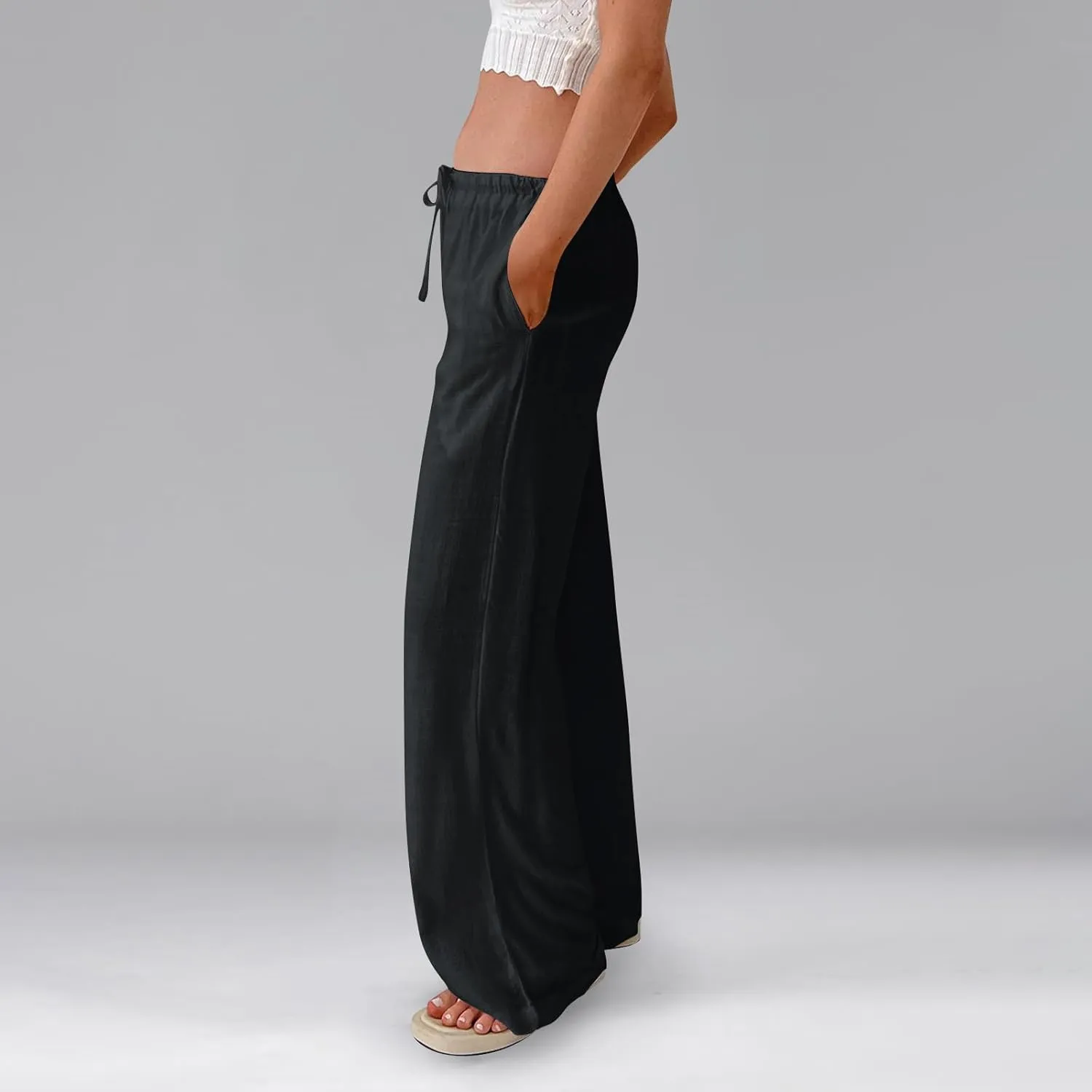 Women Wide Leg Pants Linen Pants Drawstring High Waisted Summer Boho Pant Workout Trouser Pant with Pockets (S-2Xl)
