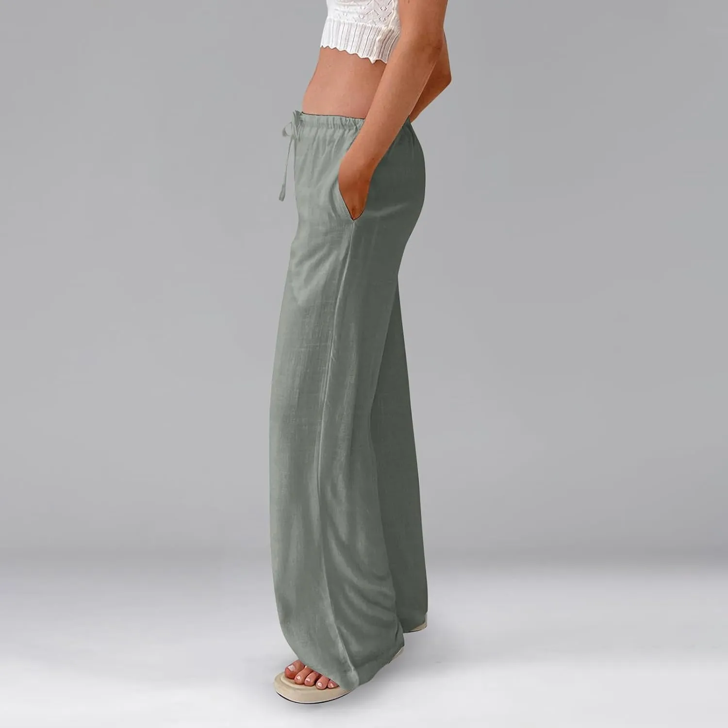 Women Wide Leg Pants Linen Pants Drawstring High Waisted Summer Boho Pant Workout Trouser Pant with Pockets (S-2Xl)