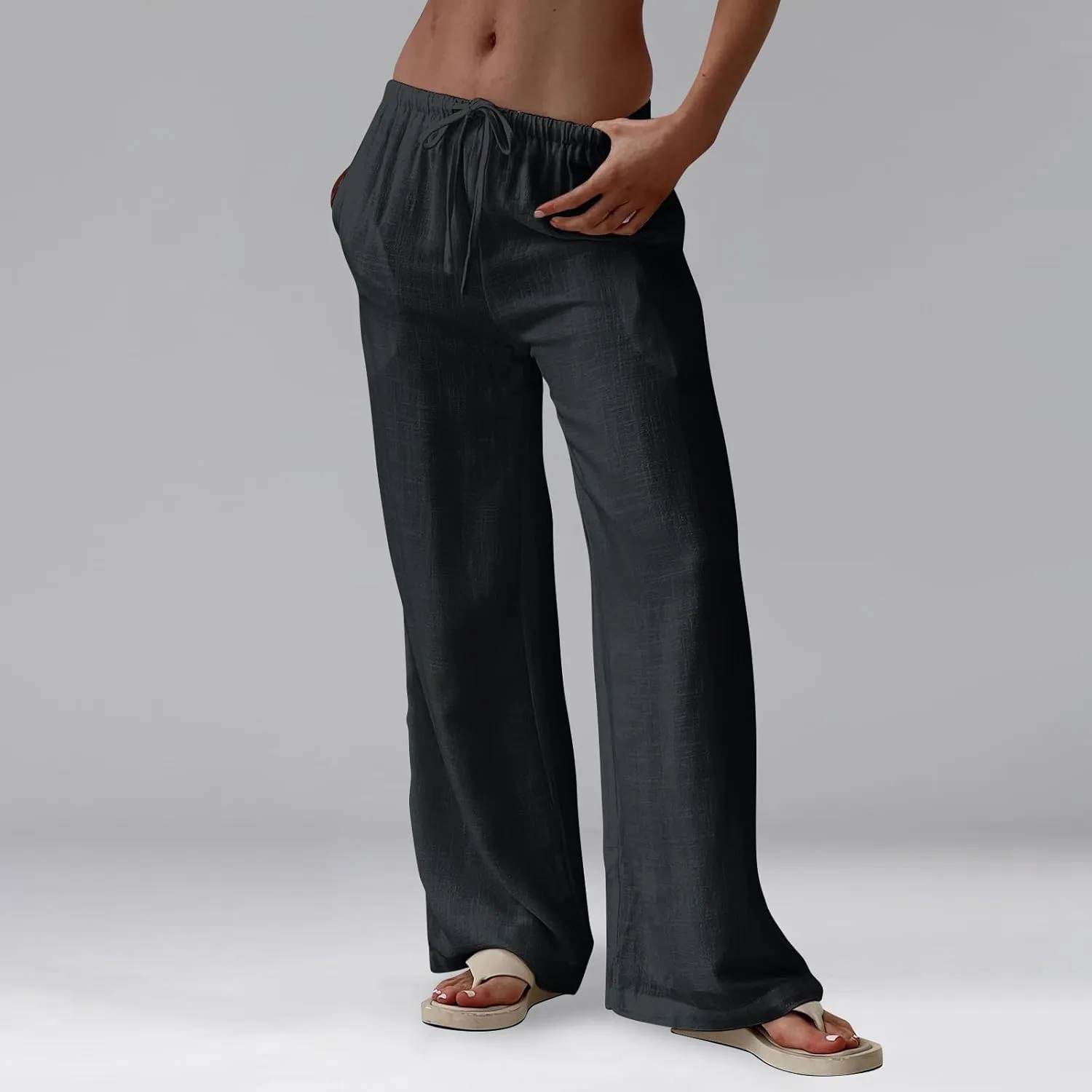 Women Wide Leg Pants Linen Pants Drawstring High Waisted Summer Boho Pant Workout Trouser Pant with Pockets (S-2Xl)