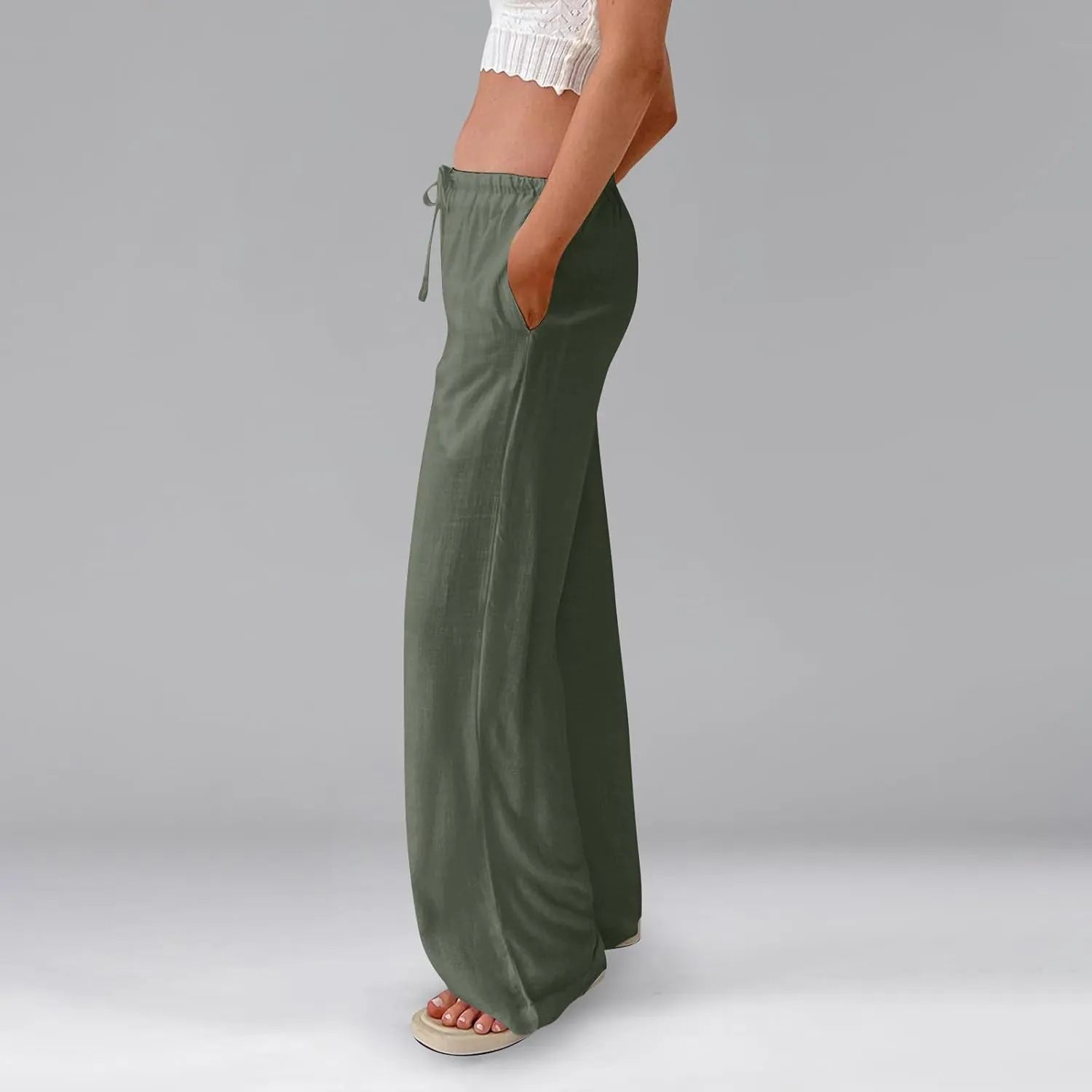Women Wide Leg Pants Linen Pants Drawstring High Waisted Summer Boho Pant Workout Trouser Pant with Pockets (S-2Xl)