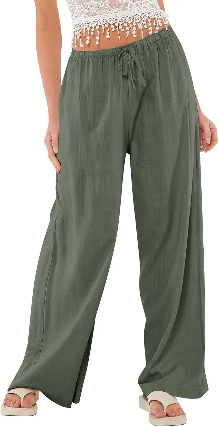 Women Wide Leg Pants Linen Pants Drawstring High Waisted Summer Boho Pant Workout Trouser Pant with Pockets (S-2Xl)