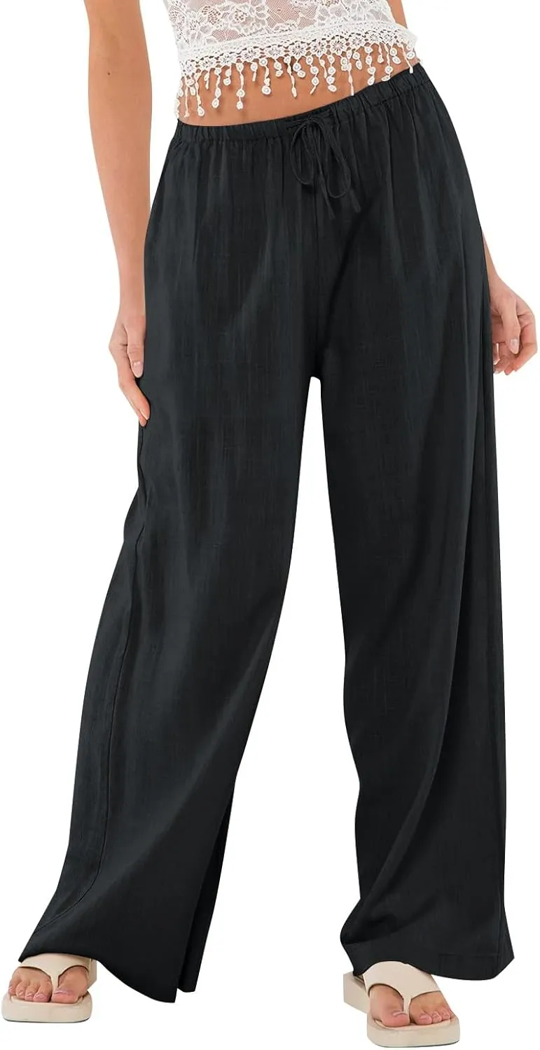Women Wide Leg Pants Linen Pants Drawstring High Waisted Summer Boho Pant Workout Trouser Pant with Pockets (S-2Xl)