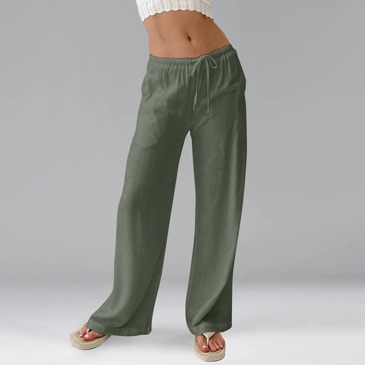 Women Wide Leg Pants Linen Pants Drawstring High Waisted Summer Boho Pant Workout Trouser Pant with Pockets (S-2Xl)