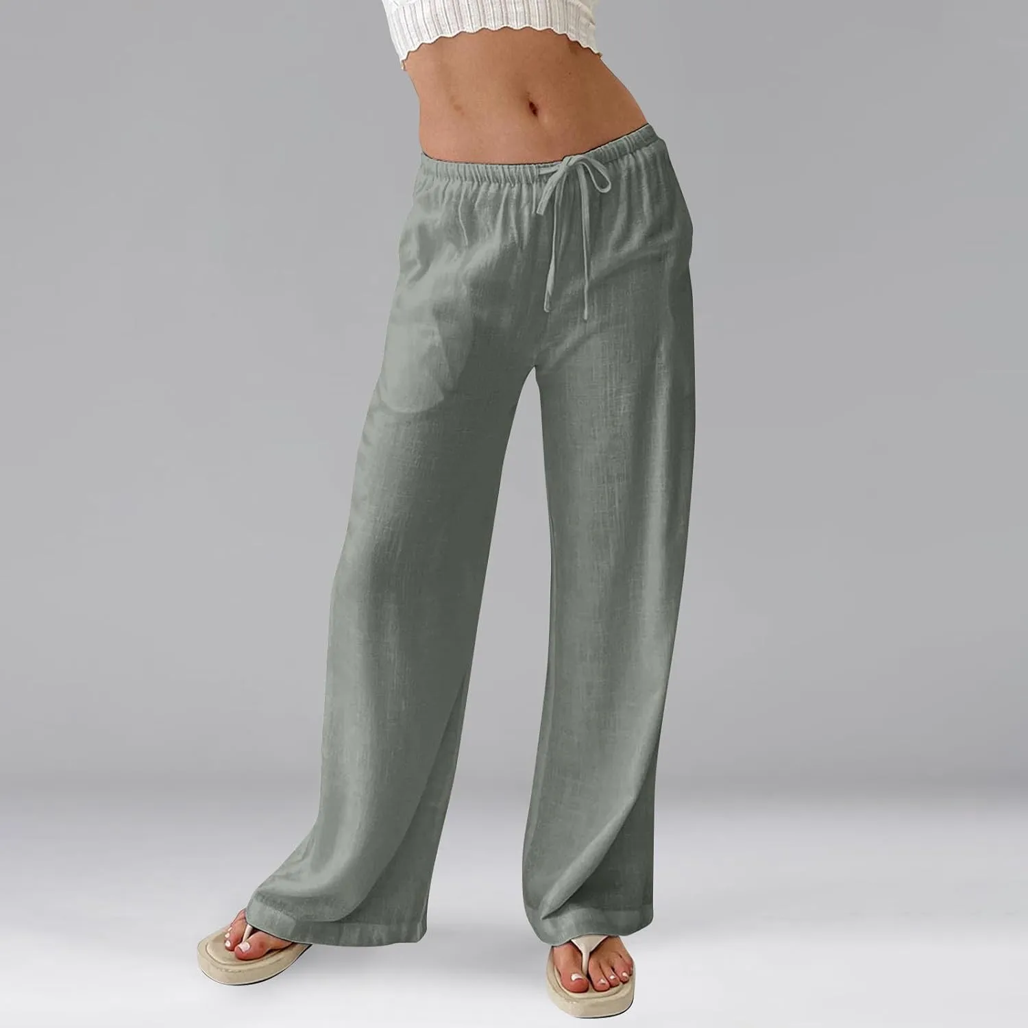 Women Wide Leg Pants Linen Pants Drawstring High Waisted Summer Boho Pant Workout Trouser Pant with Pockets (S-2Xl)