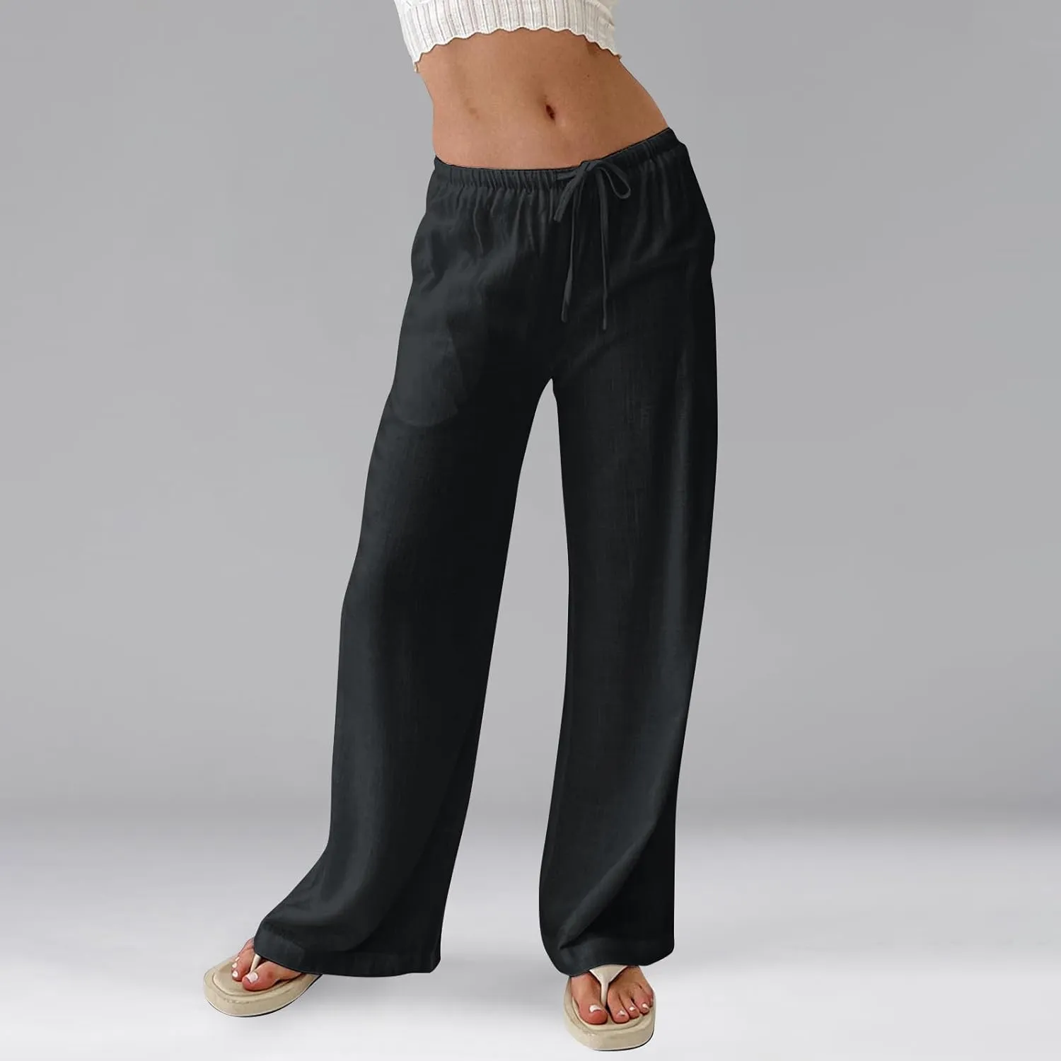Women Wide Leg Pants Linen Pants Drawstring High Waisted Summer Boho Pant Workout Trouser Pant with Pockets (S-2Xl)