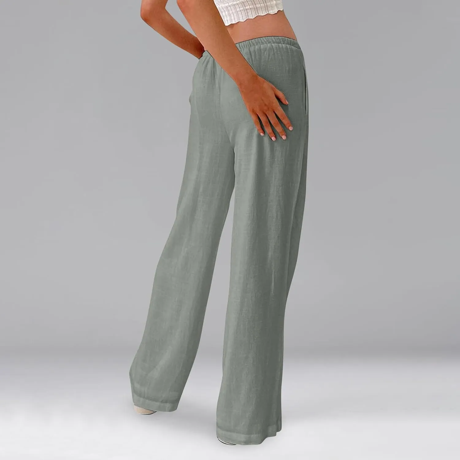 Women Wide Leg Pants Linen Pants Drawstring High Waisted Summer Boho Pant Workout Trouser Pant with Pockets (S-2Xl)
