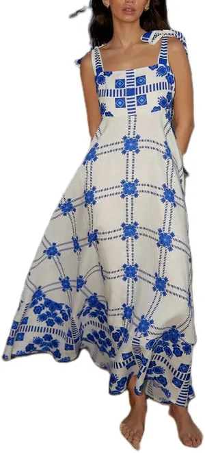 Women Y2k Boho Maxi Dress Vintage Tie Floral Sleeveless Flowy Dress Summer Cutout Beach Vacation Going Out Streetwear