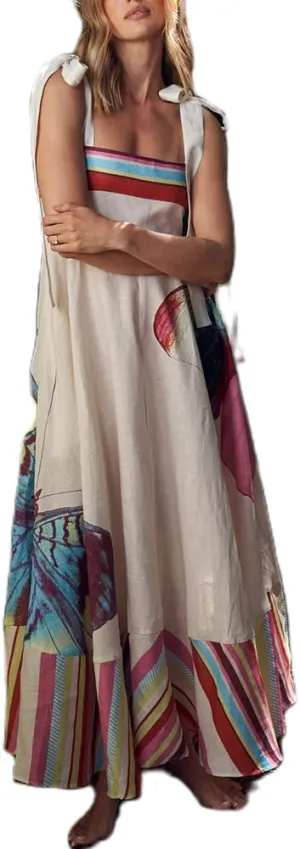 Women Y2k Boho Maxi Dress Vintage Tie Floral Sleeveless Flowy Dress Summer Cutout Beach Vacation Going Out Streetwear