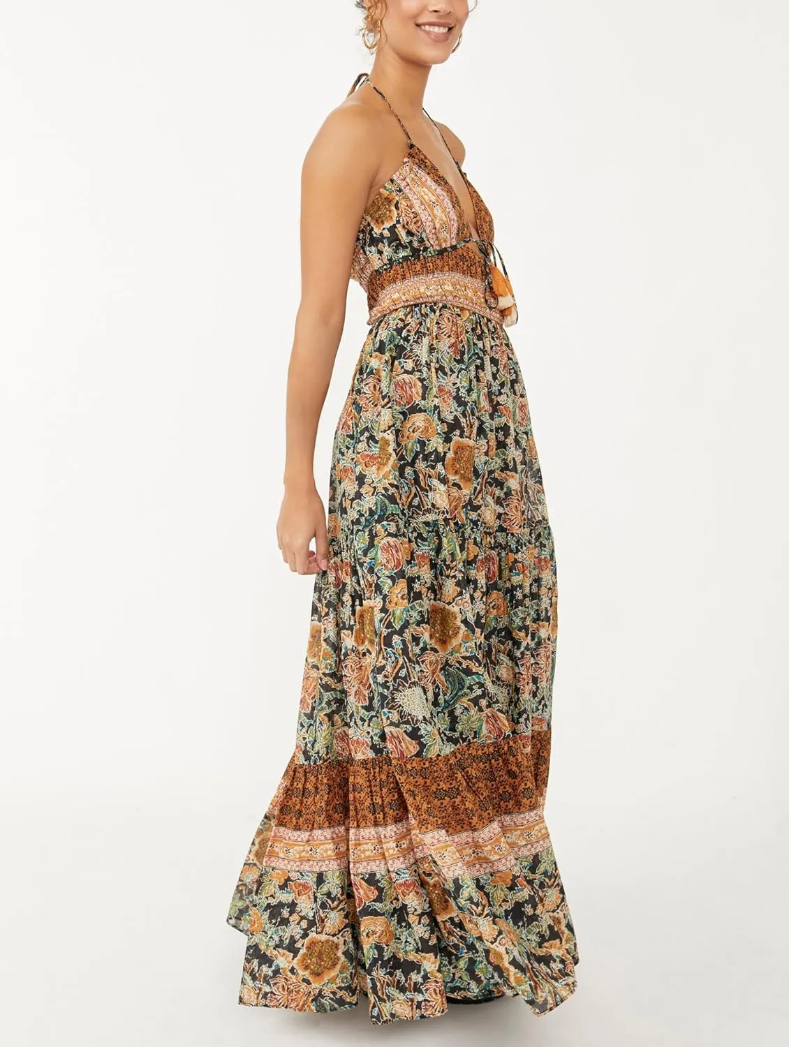 Women Y2k Boho Maxi Dress Vintage Tie Floral Sleeveless Flowy Dress Summer Cutout Beach Vacation Going Out Streetwear