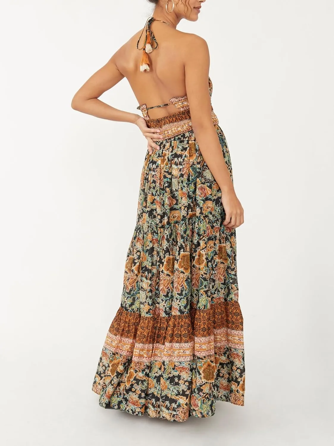 Women Y2k Boho Maxi Dress Vintage Tie Floral Sleeveless Flowy Dress Summer Cutout Beach Vacation Going Out Streetwear