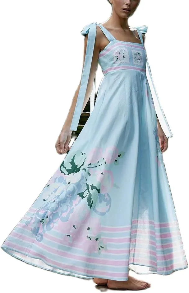 Women Y2k Boho Maxi Dress Vintage Tie Floral Sleeveless Flowy Dress Summer Cutout Beach Vacation Going Out Streetwear