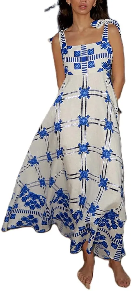 Women Y2k Boho Maxi Dress Vintage Tie Floral Sleeveless Flowy Dress Summer Cutout Beach Vacation Going Out Streetwear
