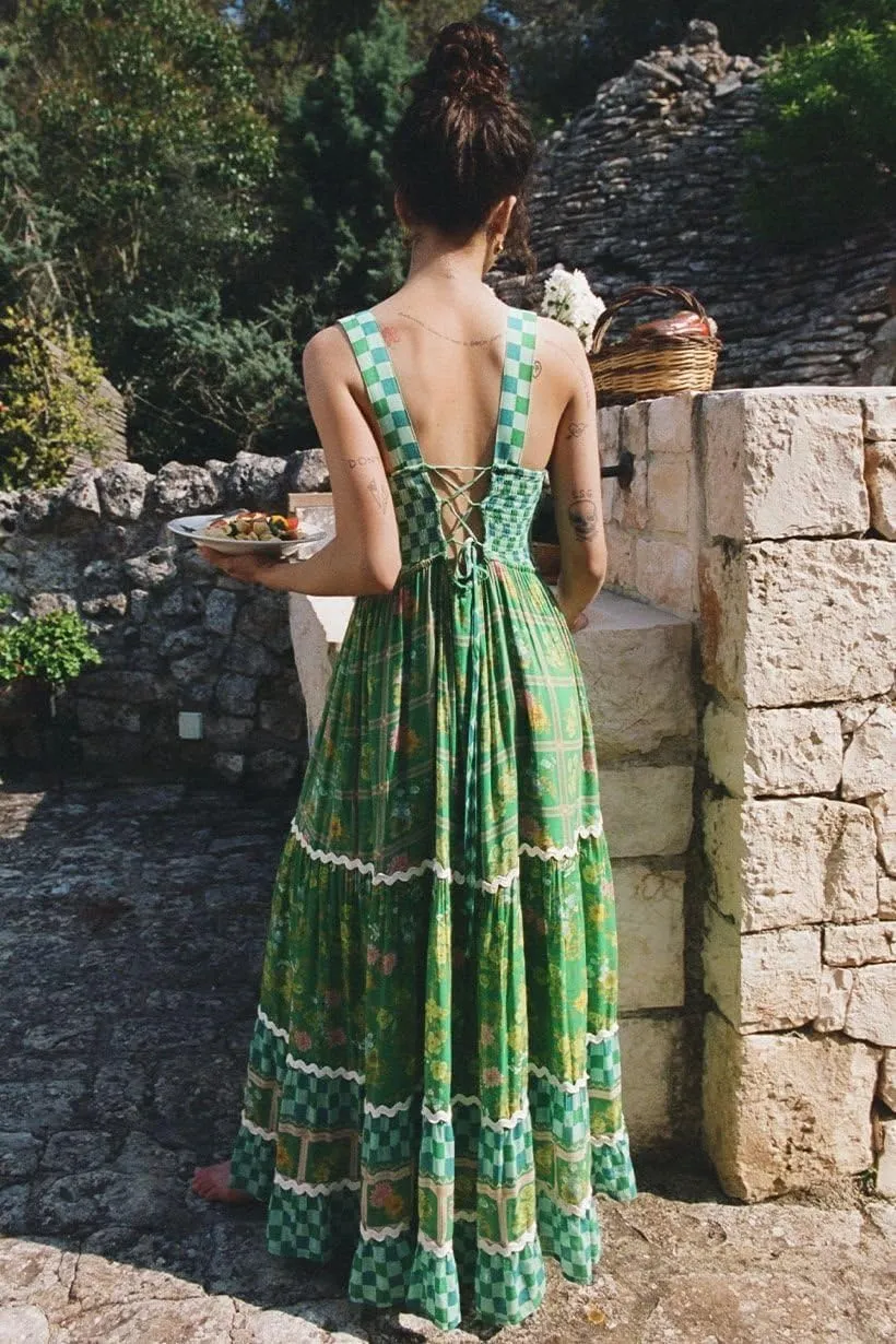 Women Y2k Boho Maxi Dress Vintage Tie Floral Sleeveless Flowy Dress Summer Cutout Beach Vacation Going Out Streetwear