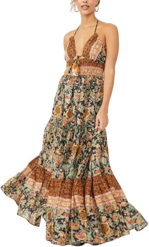 Women Y2k Boho Maxi Dress Vintage Tie Floral Sleeveless Flowy Dress Summer Cutout Beach Vacation Going Out Streetwear