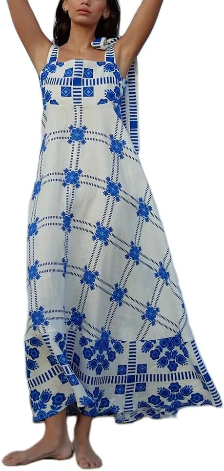 Women Y2k Boho Maxi Dress Vintage Tie Floral Sleeveless Flowy Dress Summer Cutout Beach Vacation Going Out Streetwear