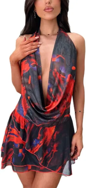 Women Y2k Halter Neck Dress Cute Tie Floral Sleeveless Backless Mini Dress Summer Going Out Short Dresses Streetwear