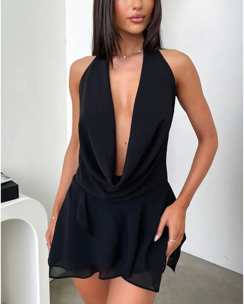 Women Y2k Halter Neck Dress Cute Tie Floral Sleeveless Backless Mini Dress Summer Going Out Short Dresses Streetwear