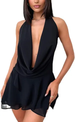 Women Y2k Halter Neck Dress Cute Tie Floral Sleeveless Backless Mini Dress Summer Going Out Short Dresses Streetwear