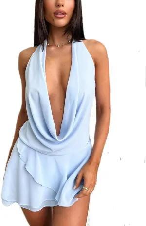 Women Y2k Halter Neck Dress Cute Tie Floral Sleeveless Backless Mini Dress Summer Going Out Short Dresses Streetwear