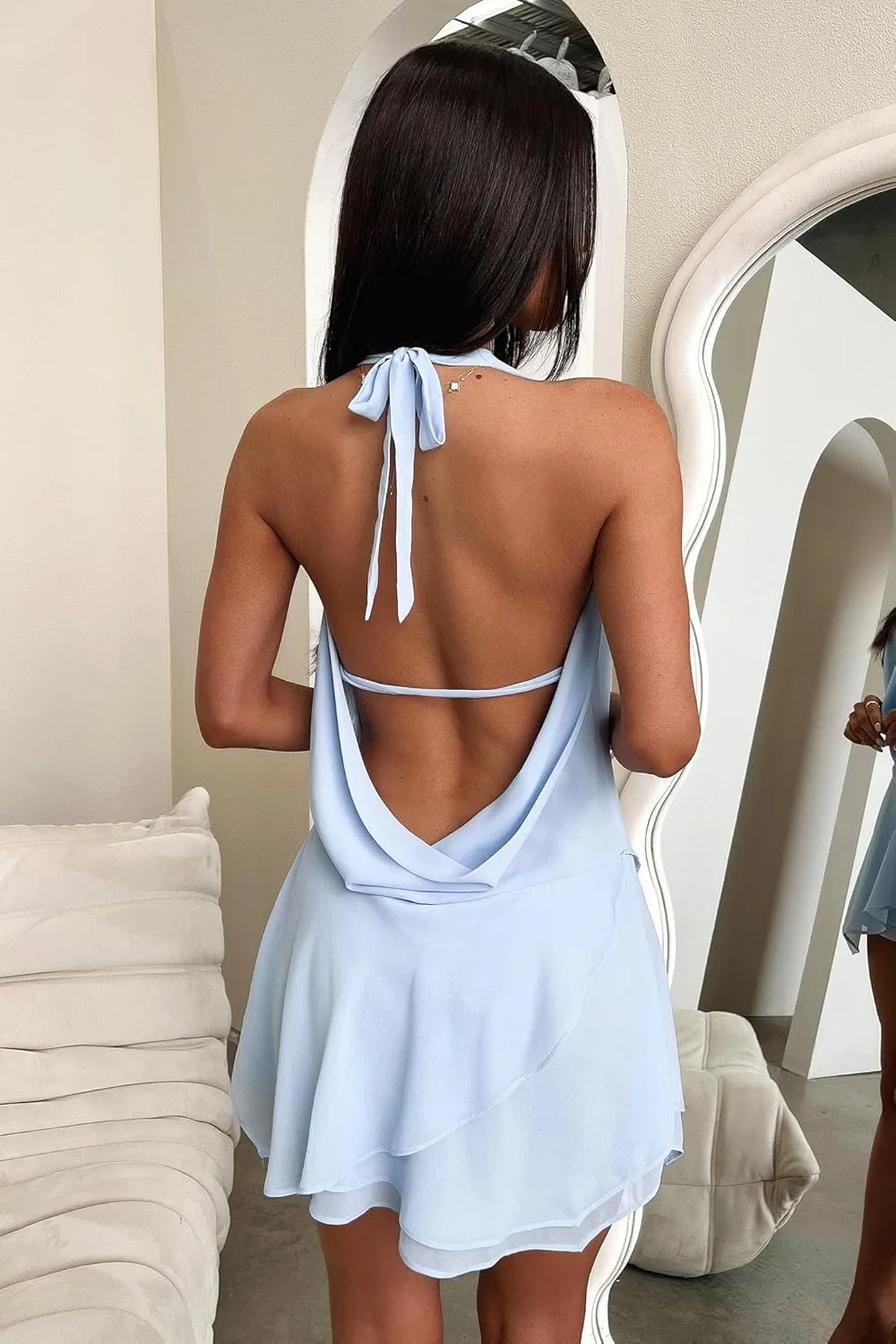 Women Y2k Halter Neck Dress Cute Tie Floral Sleeveless Backless Mini Dress Summer Going Out Short Dresses Streetwear
