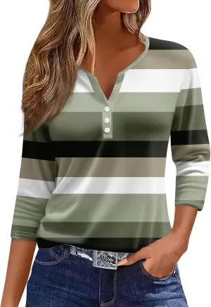 Womens 3/4 Sleeve Tops,Women's T-Shirts Dressy Button Down Tunic Tops Striped Blouses Henley V Neck Summer Cute Tees