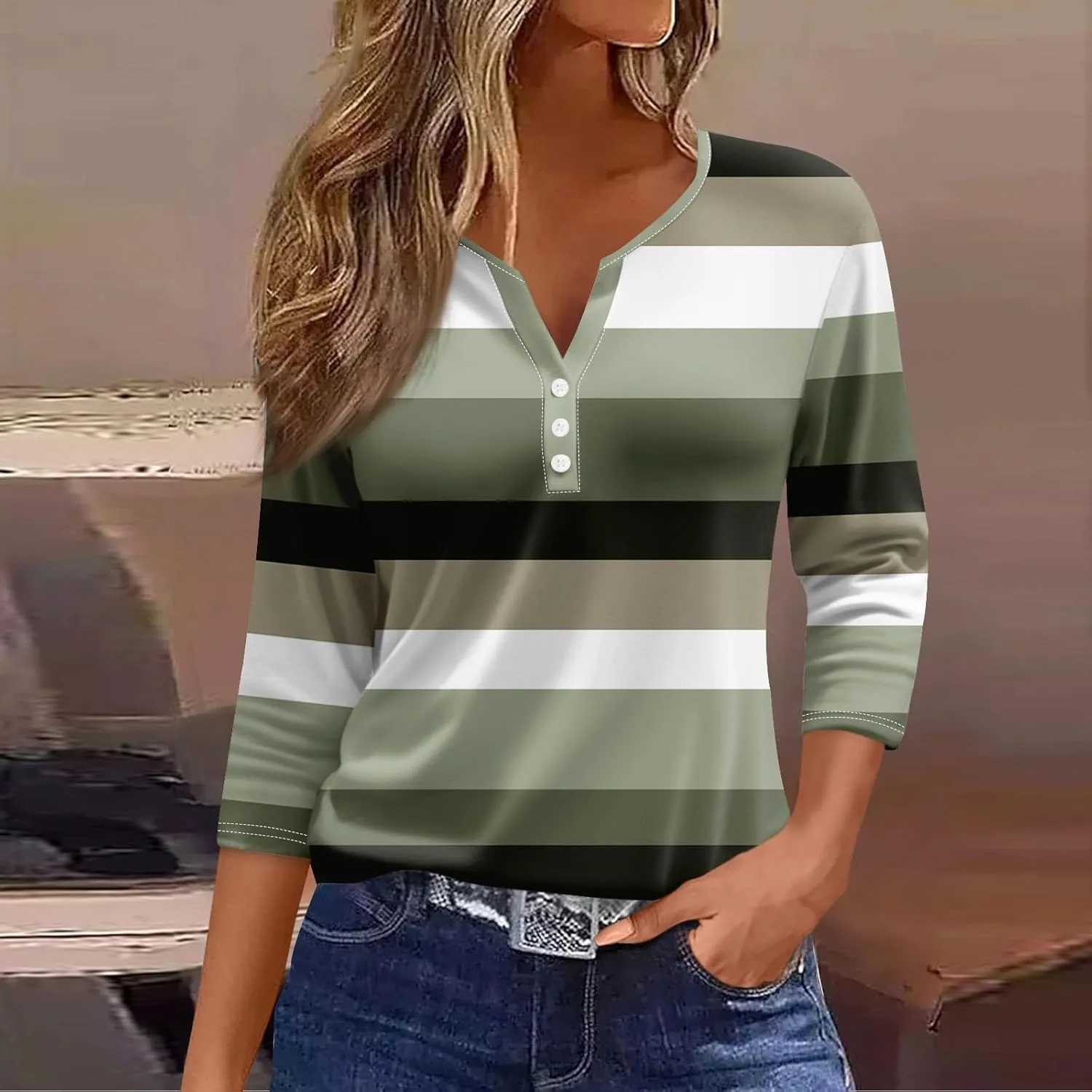 Womens 3/4 Sleeve Tops,Women's T-Shirts Dressy Button Down Tunic Tops Striped Blouses Henley V Neck Summer Cute Tees