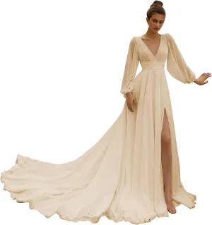 Women's Bridesmaids Gown for Wedding Off Shoulder Split Chiffon Formal Dress with Pockets