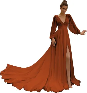 Women's Bridesmaids Gown for Wedding Off Shoulder Split Chiffon Formal Dress with Pockets