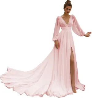 Women's Bridesmaids Gown for Wedding Off Shoulder Split Chiffon Formal Dress with Pockets