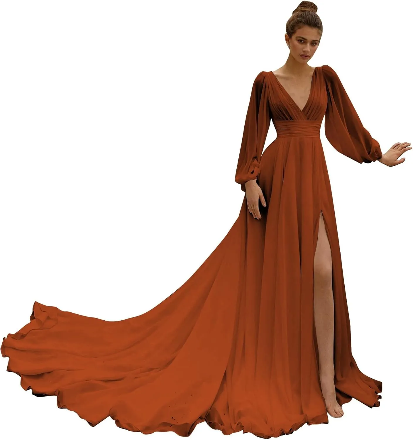 Women's Bridesmaids Gown for Wedding Off Shoulder Split Chiffon Formal Dress with Pockets