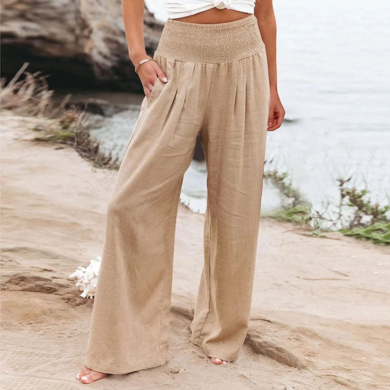 Women's Casual Linen Pants Elastic High Waist Pants Wide Leg Loose Fit Summer Trendy Baggy Trousers with Pockets