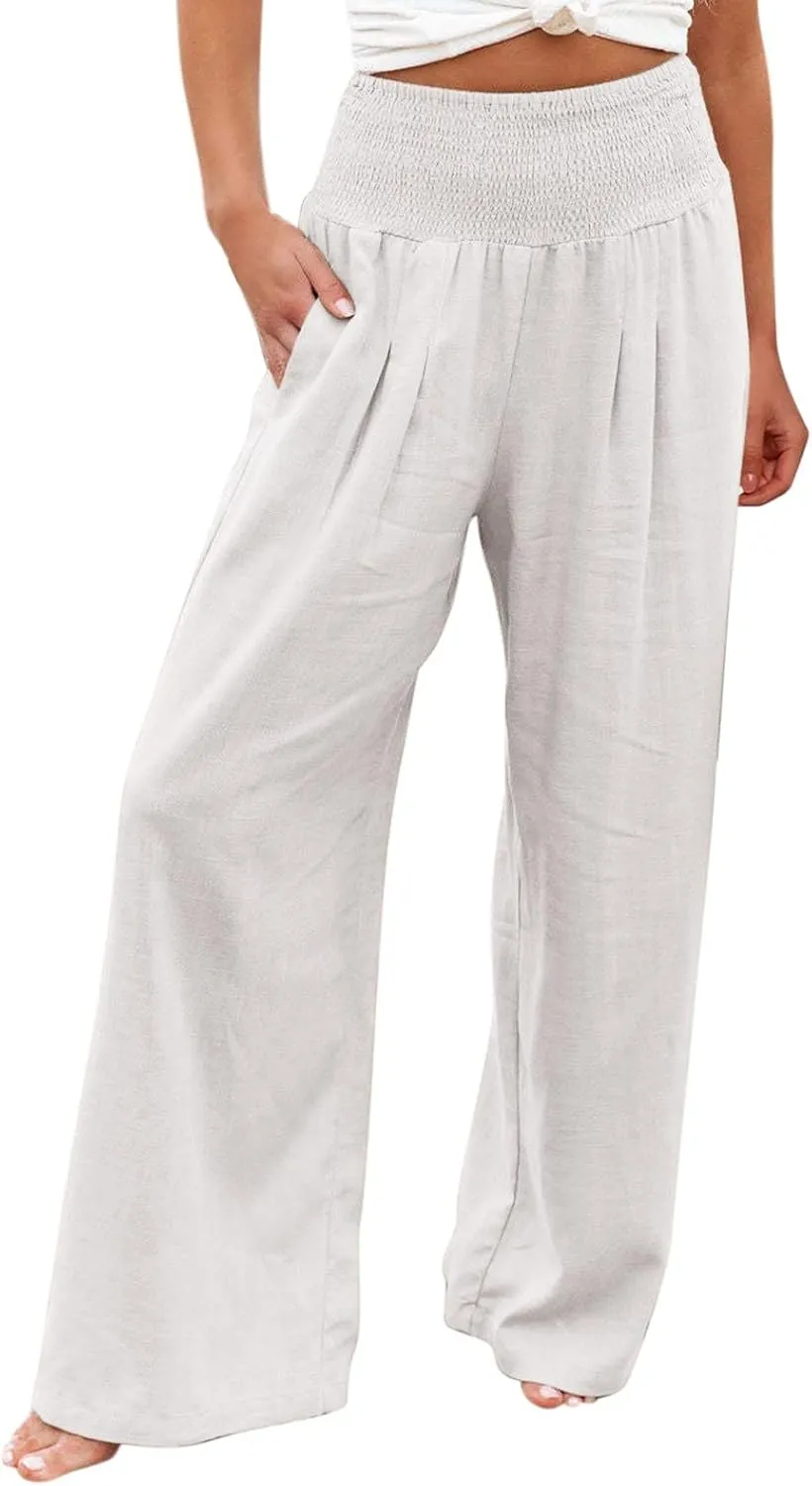 Women's Casual Linen Pants Elastic High Waist Pants Wide Leg Loose Fit Summer Trendy Baggy Trousers with Pockets