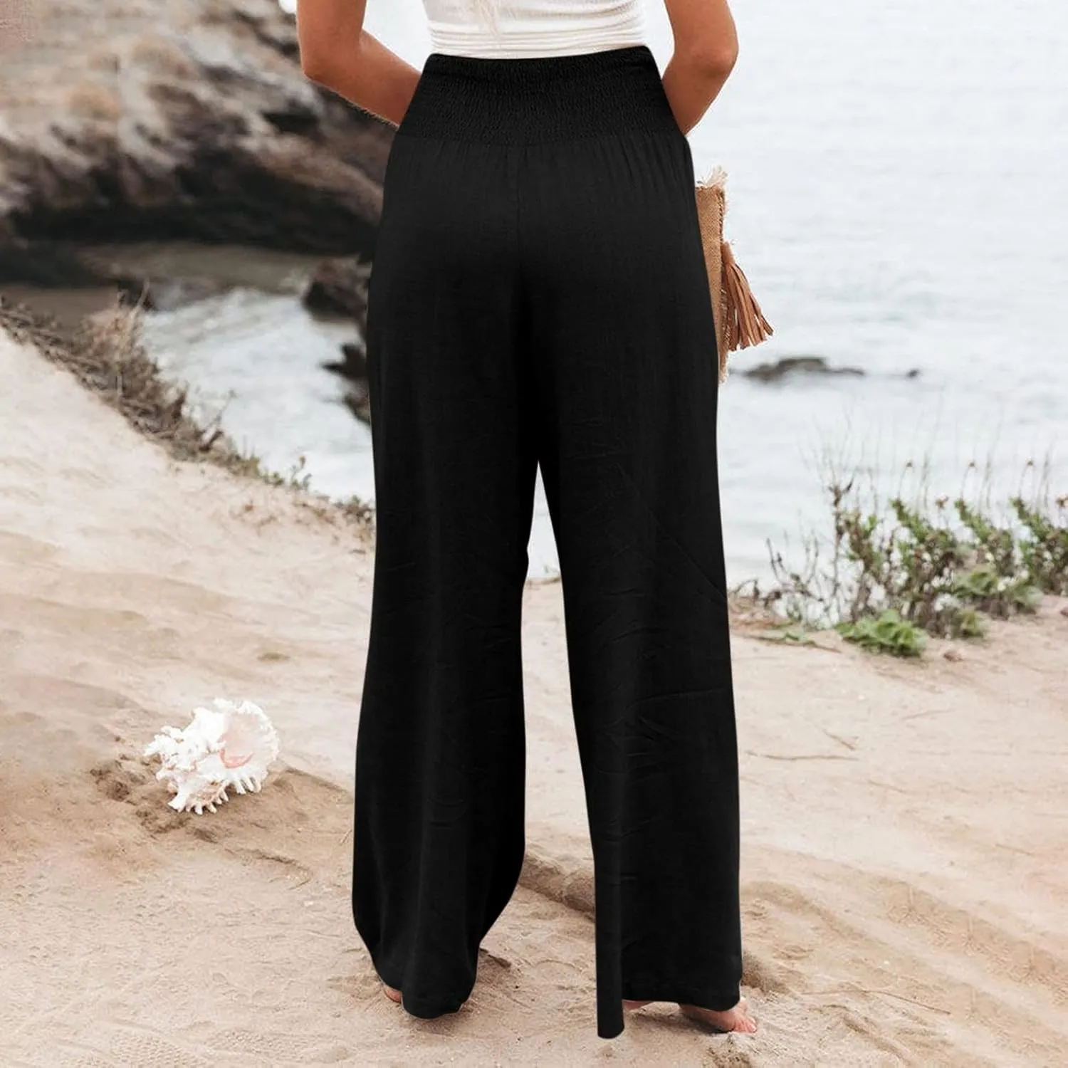 Women's Casual Linen Pants Elastic High Waist Pants Wide Leg Loose Fit Summer Trendy Baggy Trousers with Pockets