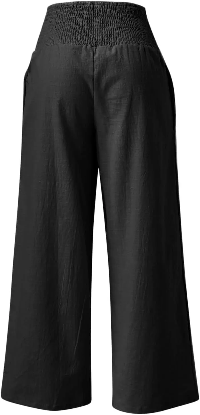 Women's Casual Linen Pants Elastic High Waist Pants Wide Leg Loose Fit Summer Trendy Baggy Trousers with Pockets