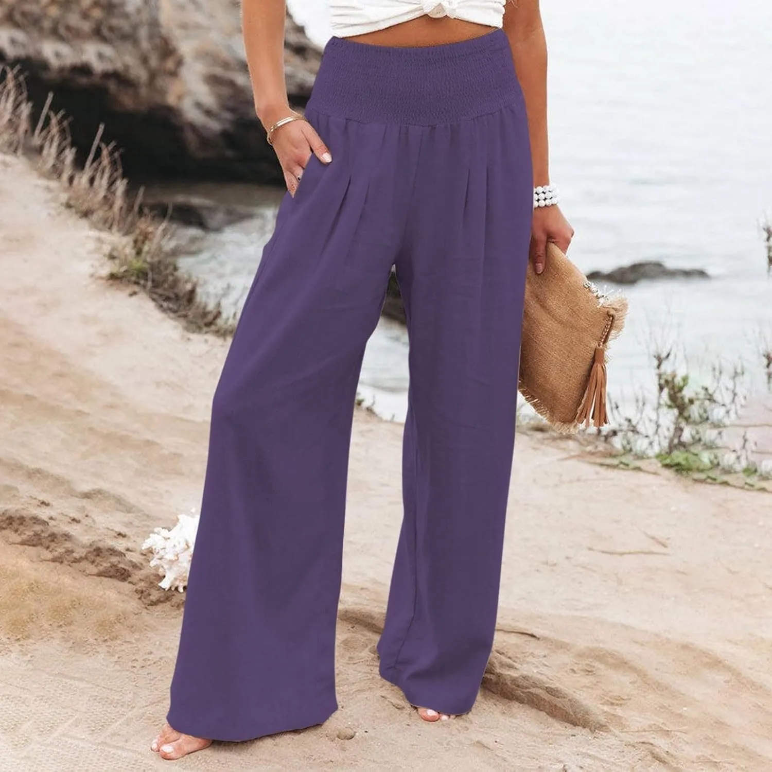 Women's Casual Linen Pants Elastic High Waist Pants Wide Leg Loose Fit Summer Trendy Baggy Trousers with Pockets