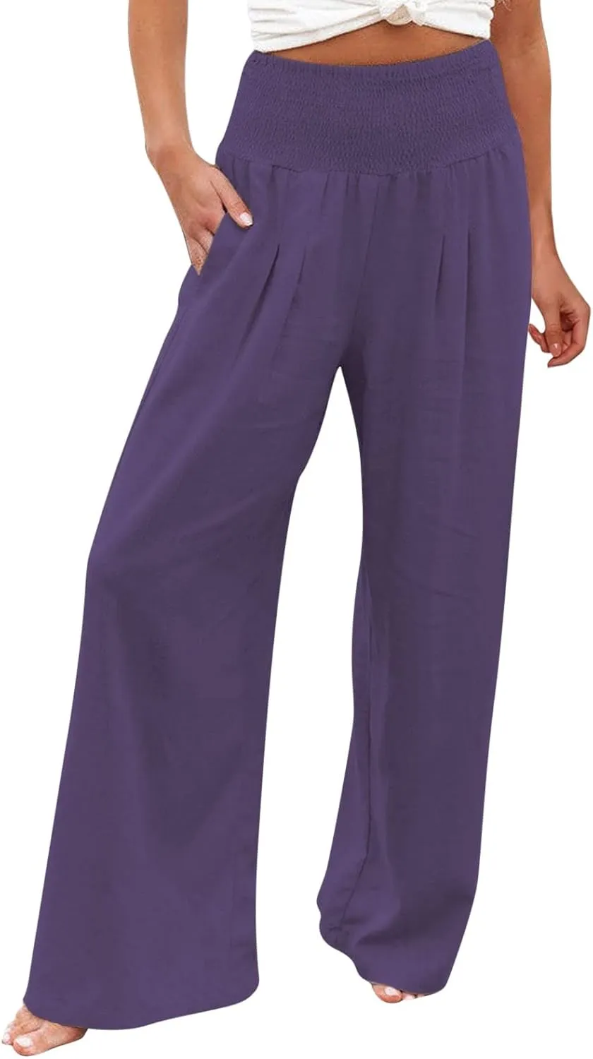 Women's Casual Linen Pants Elastic High Waist Pants Wide Leg Loose Fit Summer Trendy Baggy Trousers with Pockets