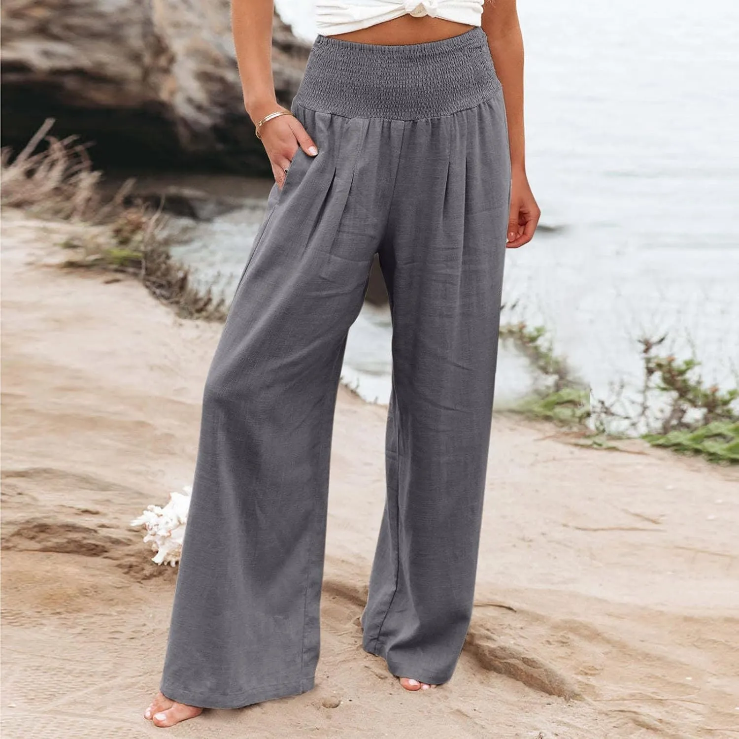 Women's Casual Linen Pants Elastic High Waist Pants Wide Leg Loose Fit Summer Trendy Baggy Trousers with Pockets